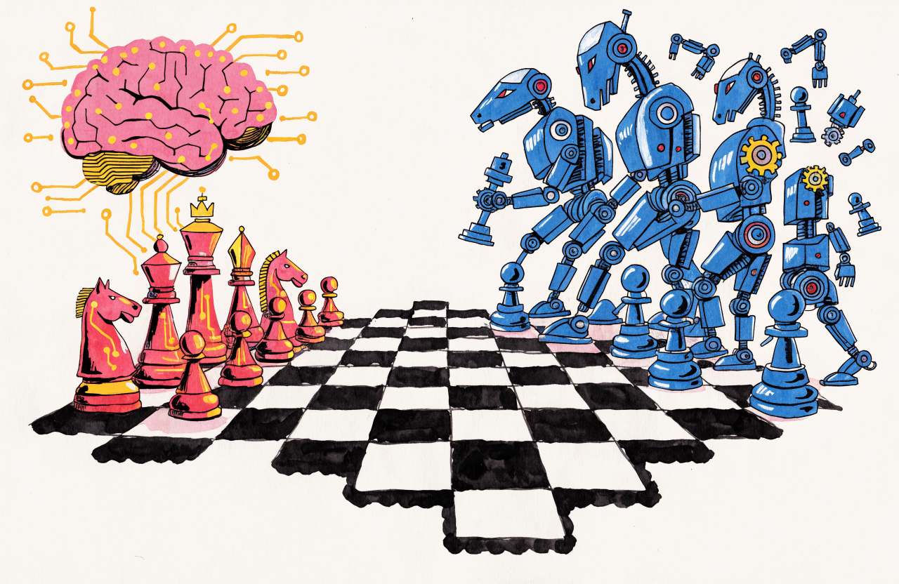 A chess board where human chess pieces are being directed by a floating brain with circuit board patterns, while AI robot pieces move autonomously in complex formations, the board itself is shaped like a corporate org chart, watercolor and ink style, digital illustration, editorial magazine style, flat bold colors, graphic novel aesthetic, hand-painted texture, NOT a photograph, illustrated artwork, stylized