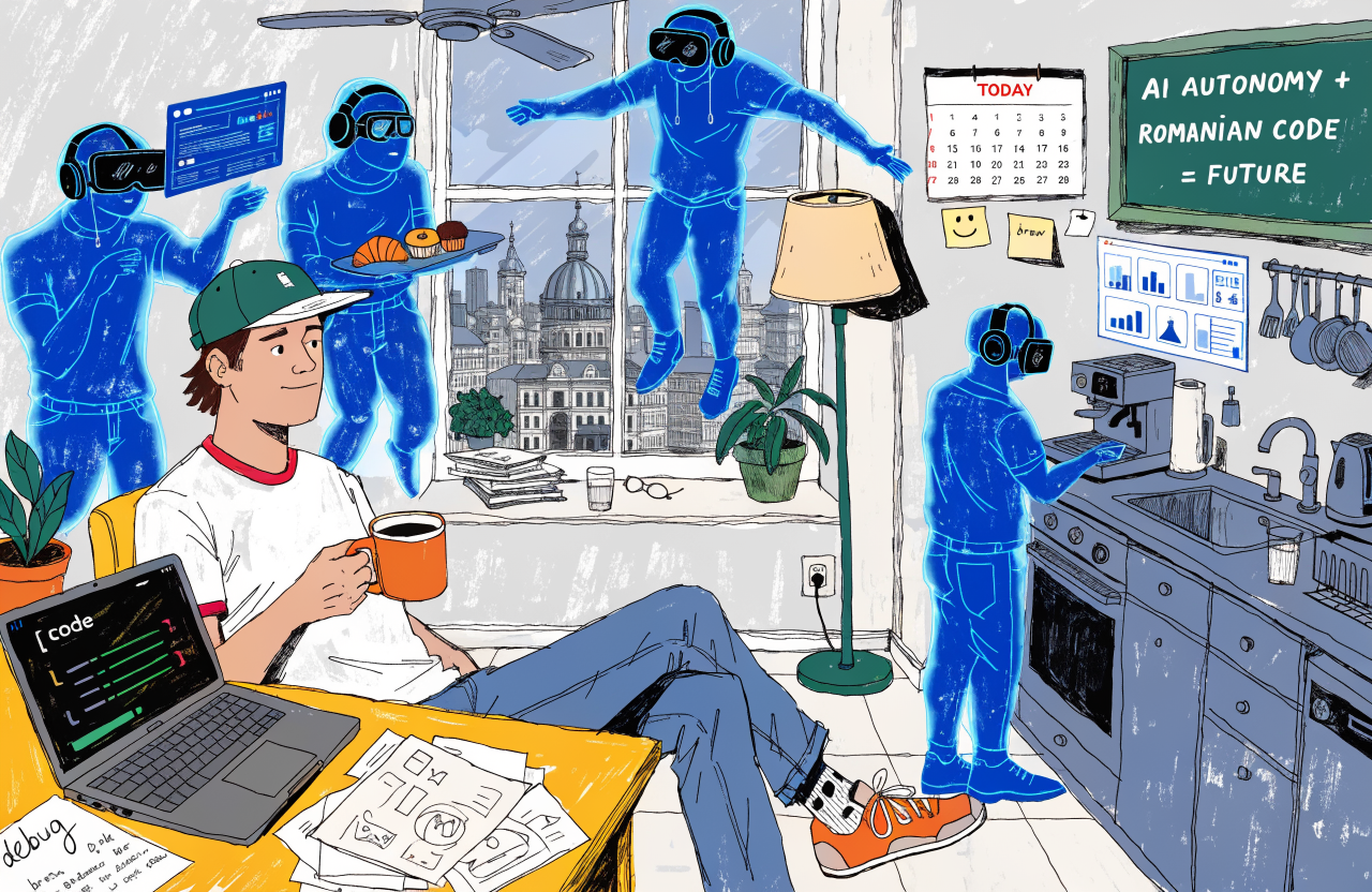 A Romanian programmer sitting in a small apartment in Bucharest, surrounded by floating holographic AI agents doing tasks autonomously, the programmer looks calm and slightly amused, holding a coffee cup, city skyline visible through window, surrealist realism style, digital illustration, editorial magazine style, flat bold colors, graphic novel aesthetic, hand-painted texture, NOT a photograph, illustrated artwork, stylized