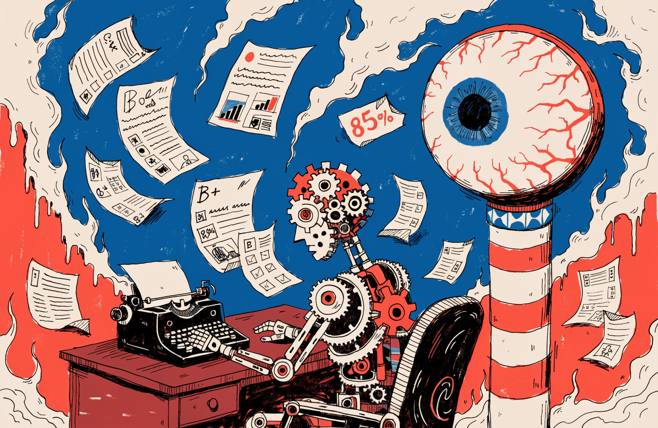 A human figure made of gears and clockwork sitting at a desk, being evaluated by a giant robotic eye on a pedestal, surrounded by floating report cards with scores and ratings, surrealist office environment with melting walls, digital illustration, editorial magazine style, flat bold colors, graphic novel aesthetic, hand-painted texture, NOT a photograph, illustrated artwork, stylized