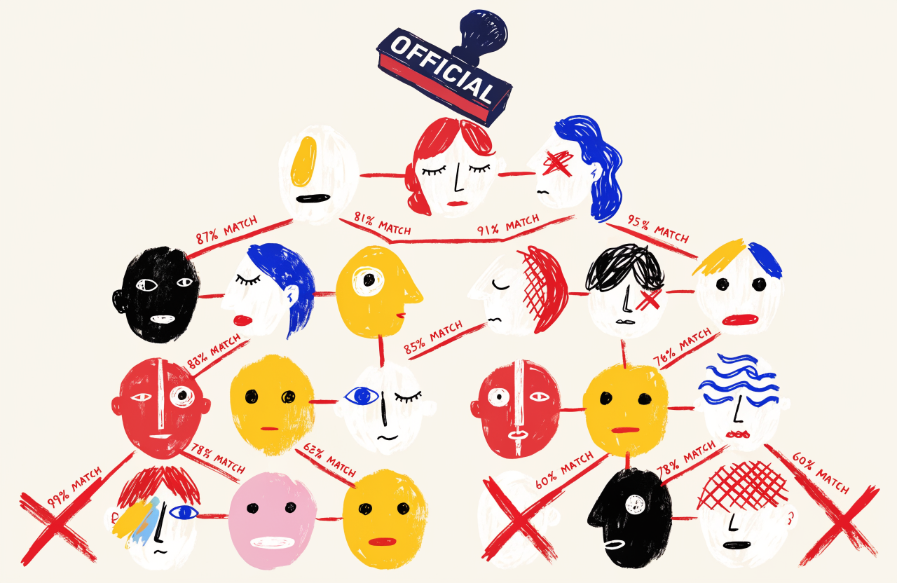 A bureaucratic flowchart made of human faces connected by red lines, each face labeled with a percentage match score, some faces crossed out in red, a government rubber stamp hovering above, surrealist style, digital illustration, editorial magazine style, flat bold colors, graphic novel aesthetic, hand-painted texture, NOT a photograph, illustrated artwork, stylized