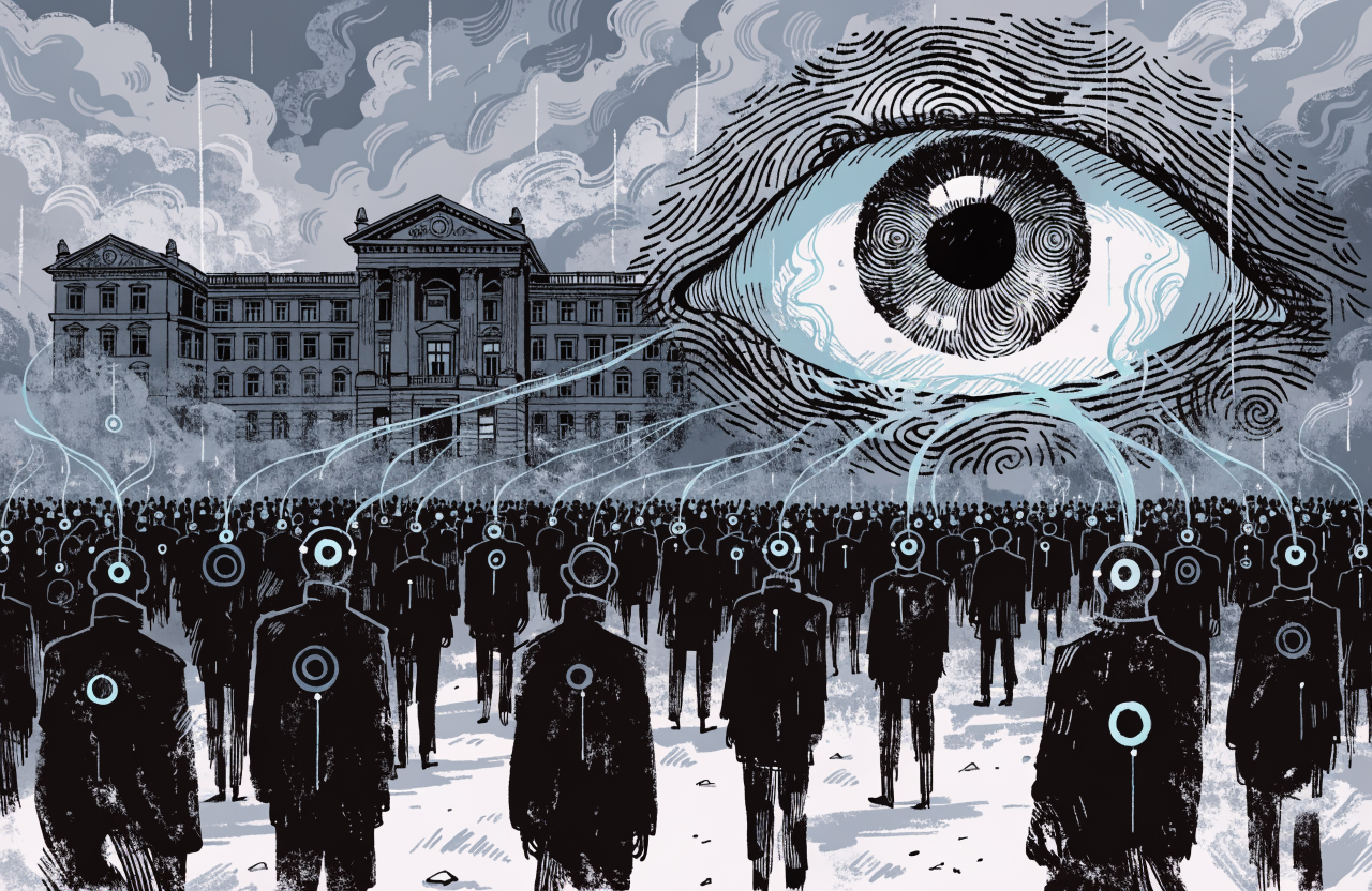 A giant eye made of fingerprint whorls scanning a crowd of faceless silhouettes, each silhouette tagged with glowing biometric data points, dystopian government building in background, cold blue and grey tones, digital illustration, editorial magazine style, flat bold colors, graphic novel aesthetic, hand-painted texture, NOT a photograph, illustrated artwork, stylized