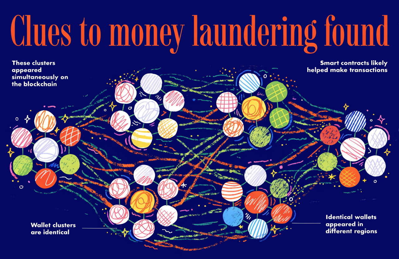 A visual graph of suspicious wallet clusters appearing simultaneously on a blockchain, each wallet represented as a glowing orb connected by neon lines, dark background with green and orange accent colors, data visualization aesthetic, digital illustration, editorial magazine style, flat bold colors, graphic novel aesthetic, hand-painted texture, NOT a photograph, illustrated artwork, stylized