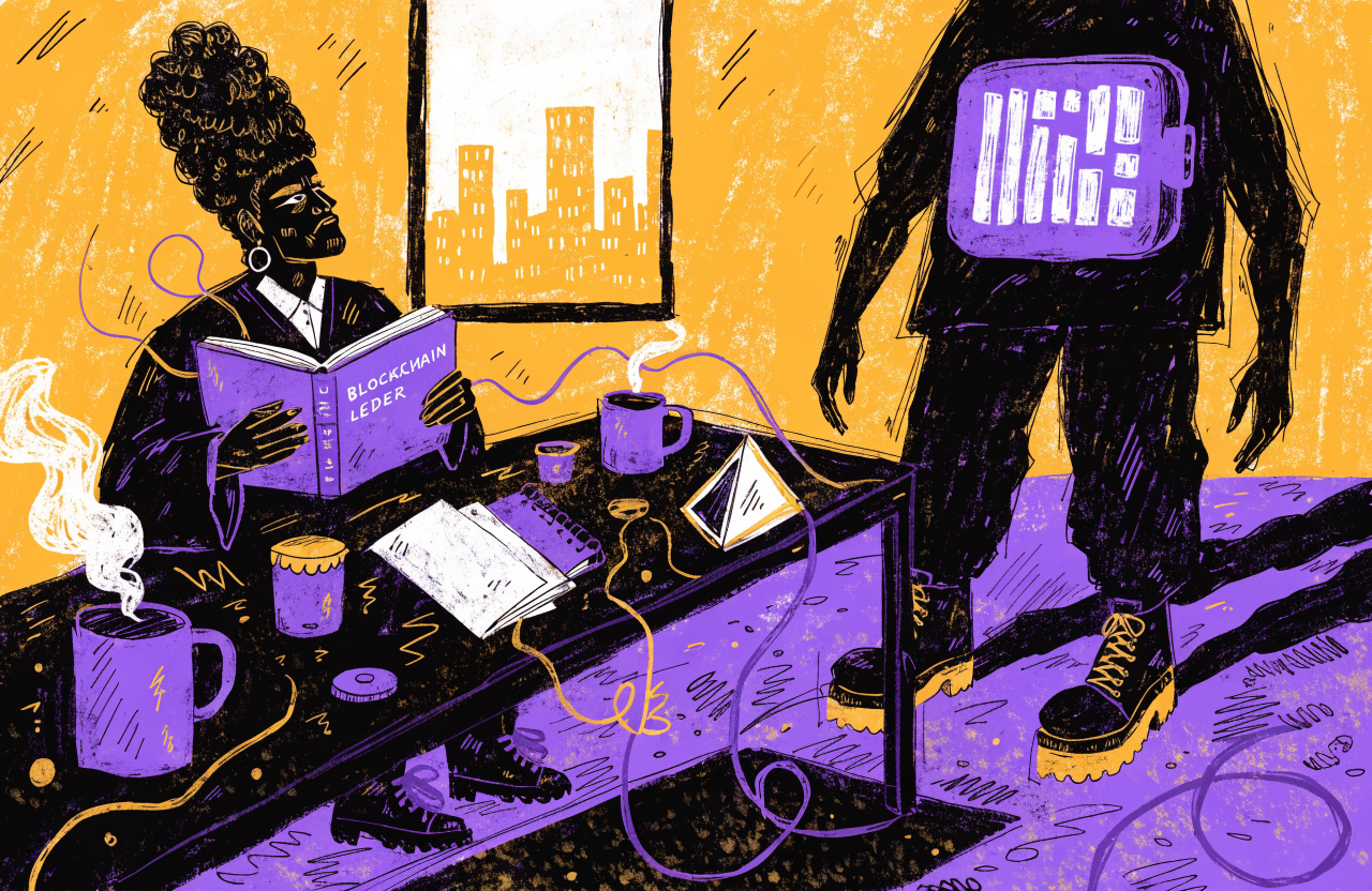 A courtroom scene reimagined in cyberpunk style, with a judge holding a blockchain ledger instead of a gavel, defendant represented as a shadowy figure with a crypto wallet symbol for a face, neon purple and gold tones, surrealist editorial illustration, digital illustration, editorial magazine style, flat bold colors, graphic novel aesthetic, hand-painted texture, NOT a photograph, illustrated artwork, stylized