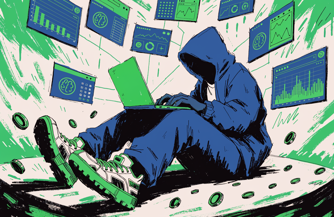 A shadowy figure in a hoodie sitting at a glowing computer screen, surrounded by floating prediction market charts and OpenAI logos, coins raining down, neon green and dark blue color palette, underground hacker aesthetic, digital illustration, editorial magazine style, flat bold colors, graphic novel aesthetic, hand-painted texture, NOT a photograph, illustrated artwork, stylized