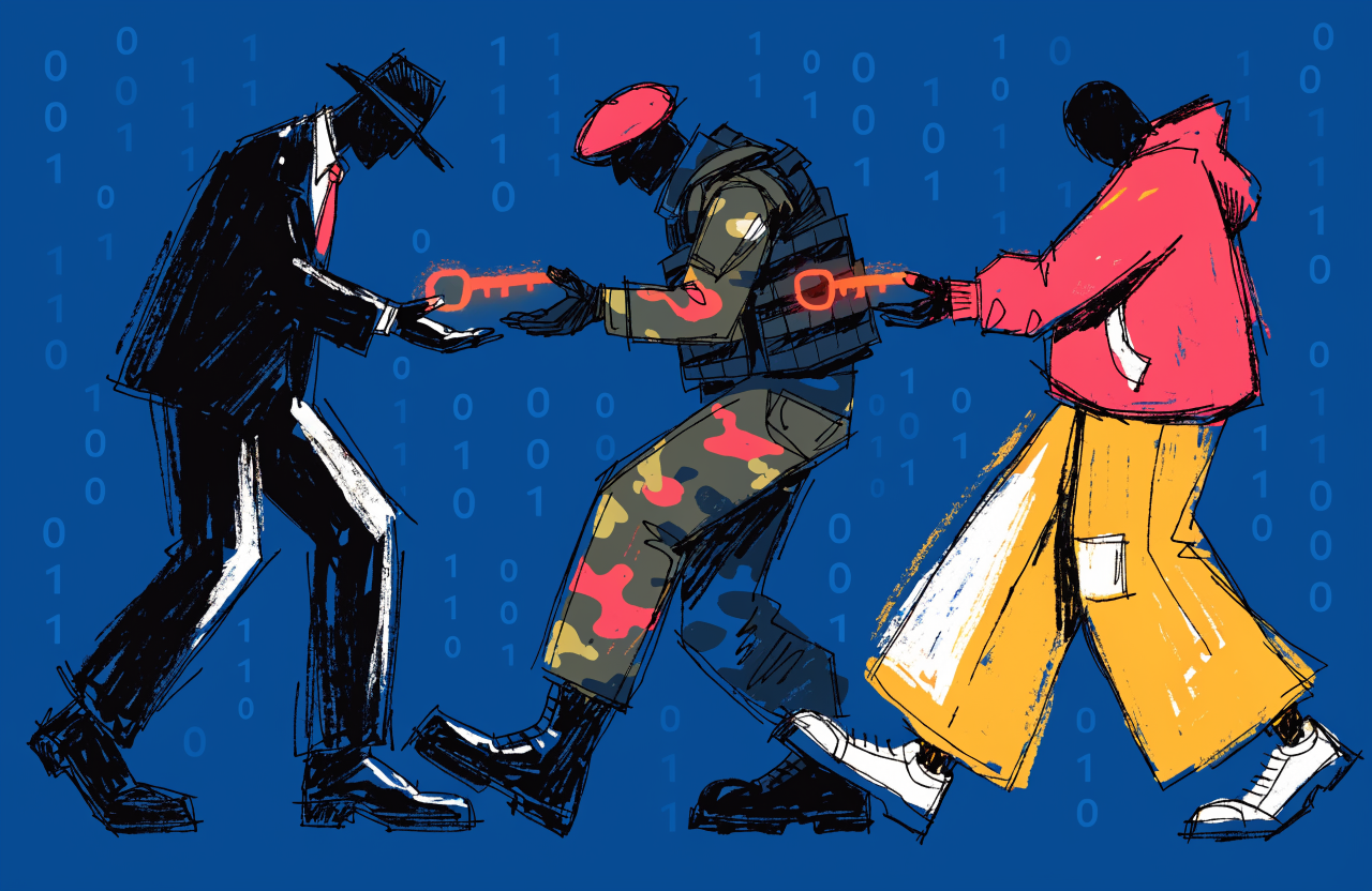 Ilustrație cu trei siluete diferite care își dau din mână în mână un obiect strălucitor