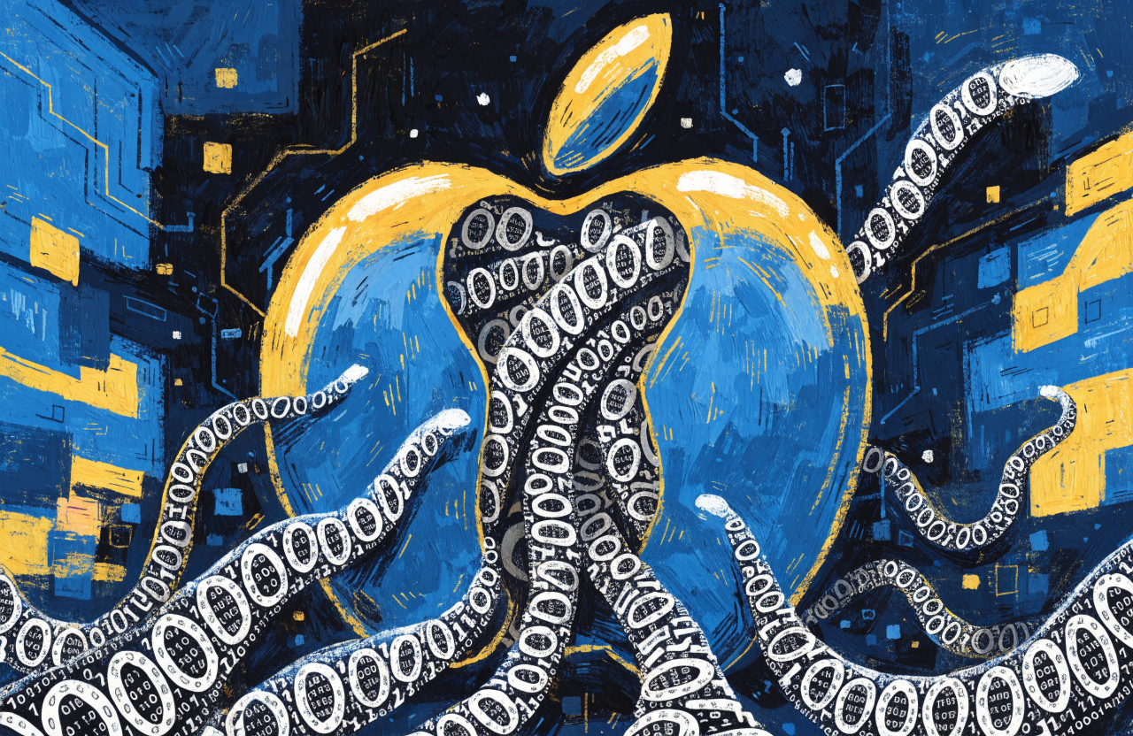 Ilustrație cu un măr digital spart în două, cu viermi de cod binar ieșind din interior