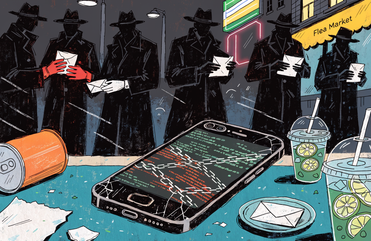 Ilustrație conceptuală cu un iPhone spart în bucăți pe o tarabă de piață second-hand