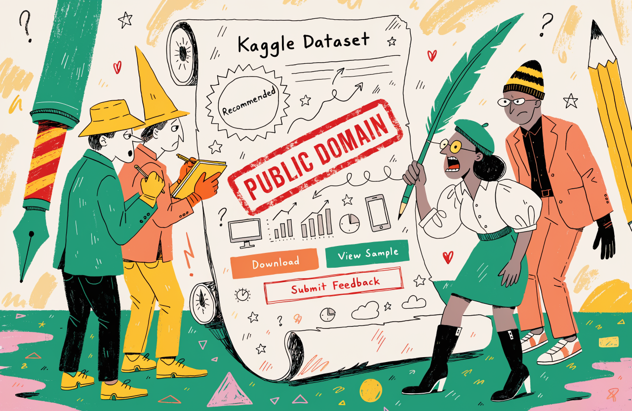 A Kaggle dataset page shown as a medieval scroll with 'PUBLIC DOMAIN' stamped incorrectly in red, surrounded by confused lawyers and a very angry woman with round glasses and a quill, absurdist editorial illustration, digital illustration, editorial magazine style, flat bold colors, graphic novel aesthetic, hand-painted texture, NOT a photograph, illustrated artwork, stylized