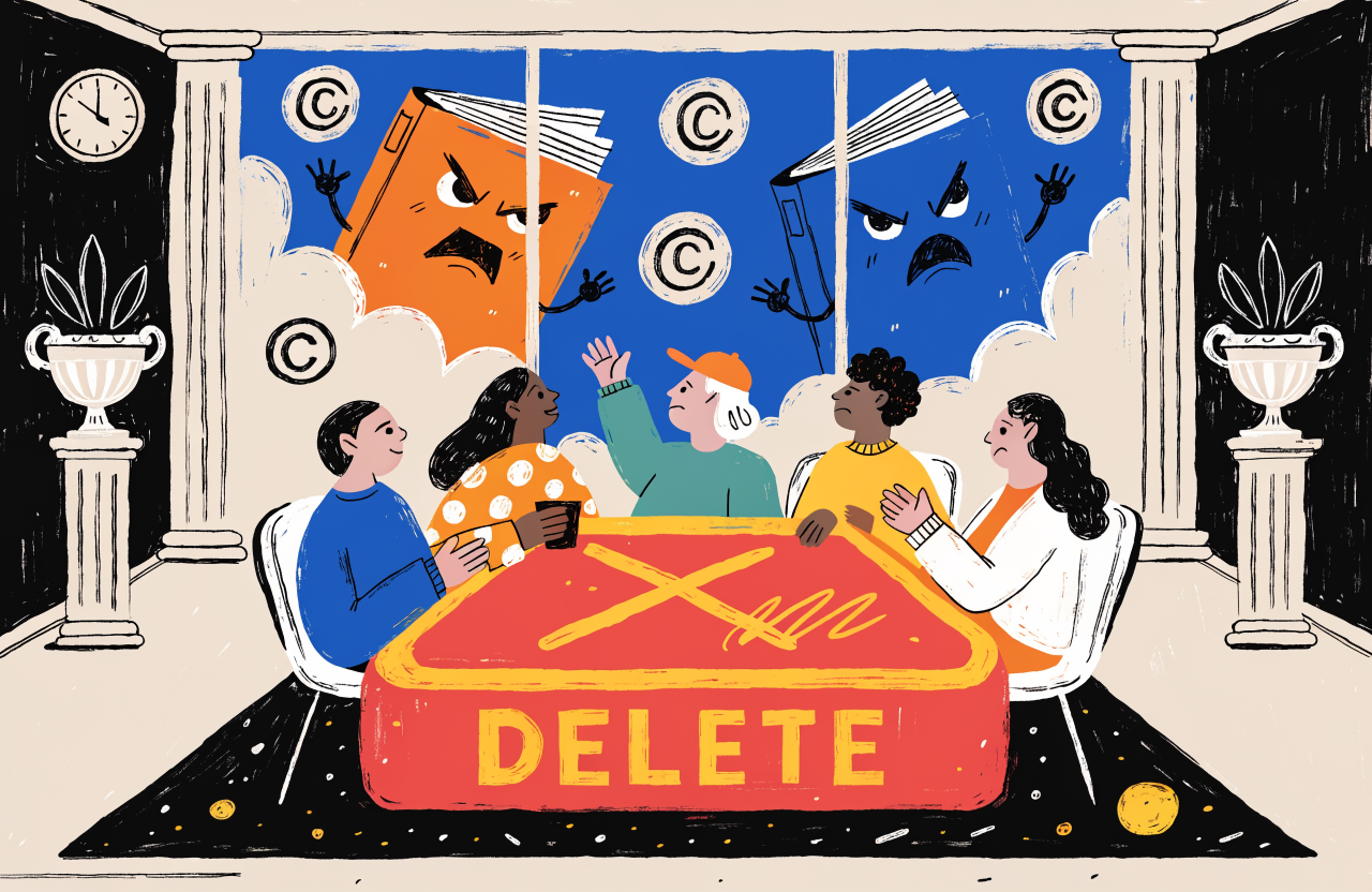 A corporate boardroom where executives are sitting around a table, but the table is a giant delete button, and outside the window there are floating copyright symbols and angry book characters, satirical corporate illustration, digital illustration, editorial magazine style, flat bold colors, graphic novel aesthetic, hand-painted texture, NOT a photograph, illustrated artwork, stylized