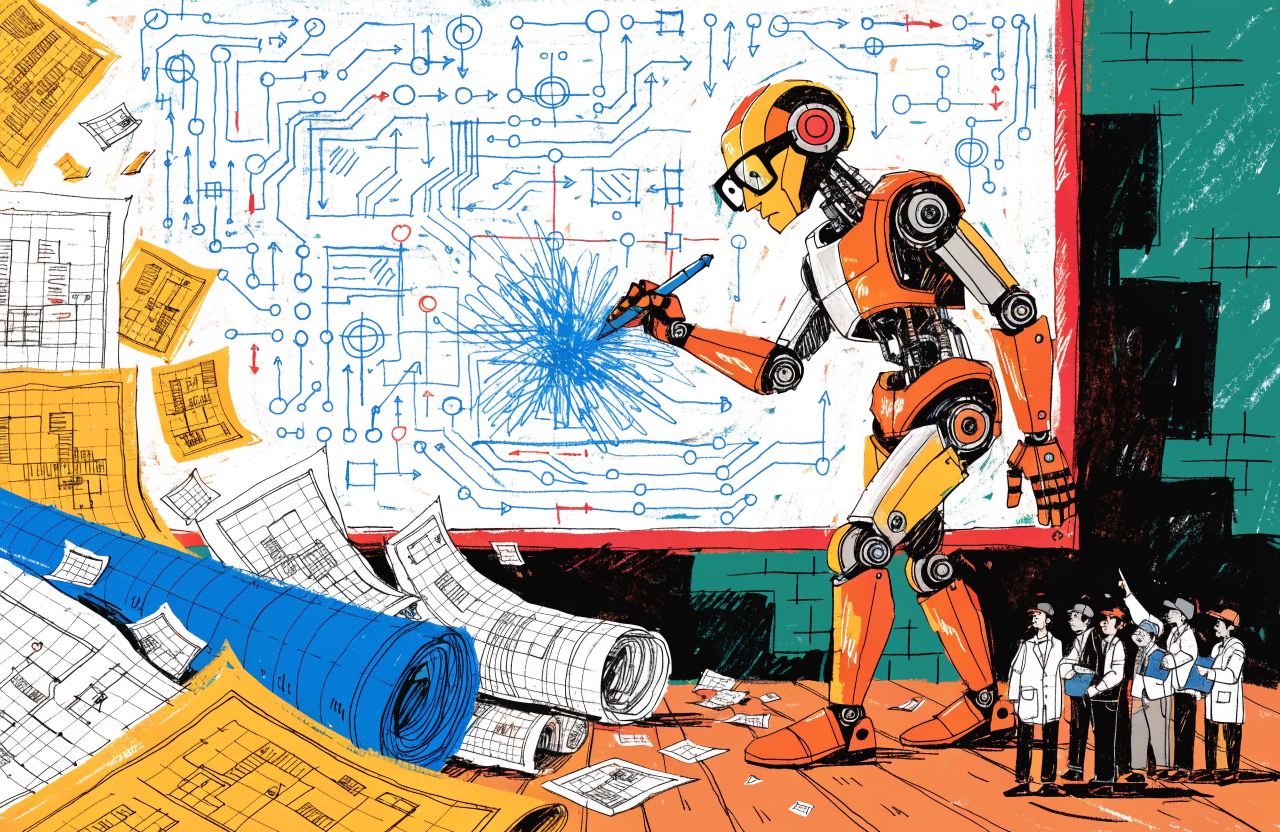 Ilustrație cu un robot care desenează scheme de circuite electronice pe o tablă uriașă