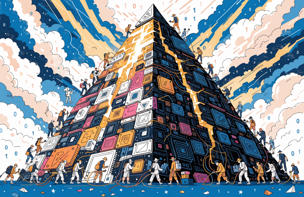 Ilustrație cu o piramidă de cipuri electronice care se fisurează, cu lumină ieșind prin crăpături