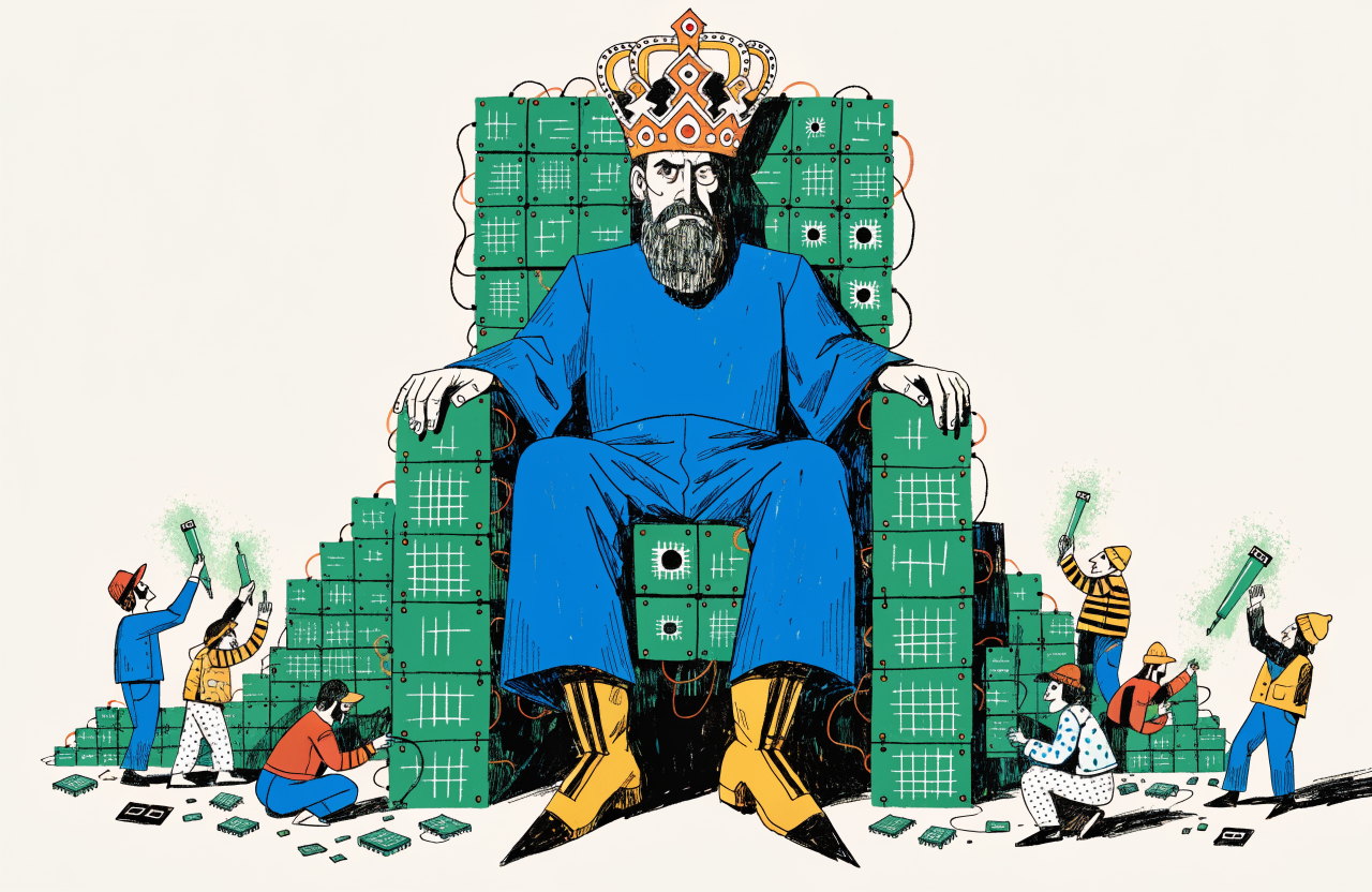 Ilustrație cu un rege pe tron de cipuri electronice, înconjurat de rebeli care construiesc cipuri proprii