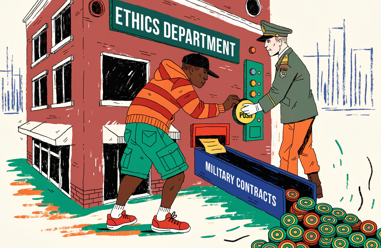 A large corporate building with 'ETHICS DEPARTMENT' sign, but the building is actually a vending machine dispensing military contracts, a man in a hoodie and a man in a general's uniform both pressing the same button, coins shaped like AI chips falling out, surrealist corporate satire, digital illustration, editorial magazine style, flat bold colors, graphic novel aesthetic, hand-painted texture, NOT a photograph, illustrated artwork, stylized