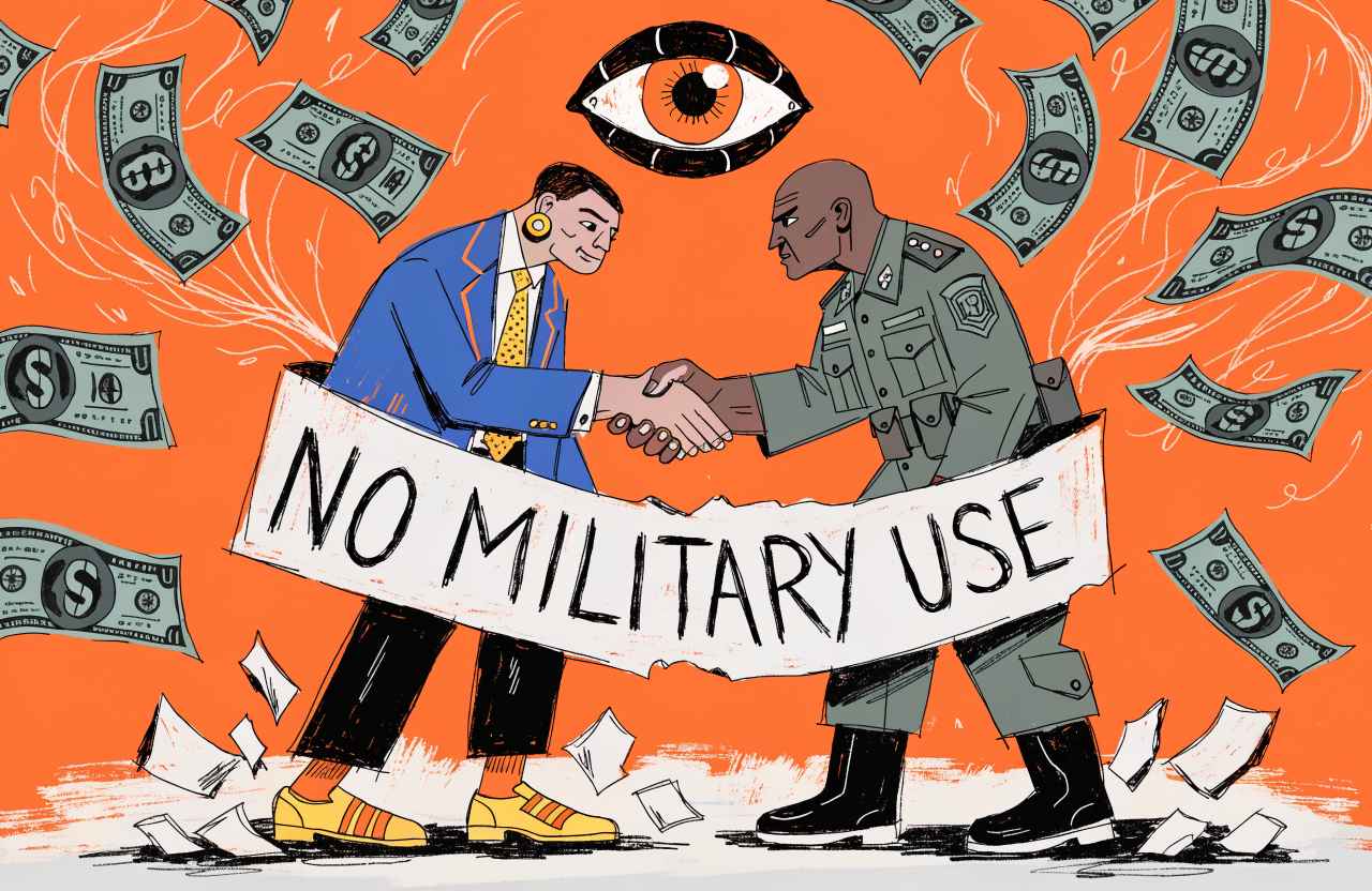 A corporate handshake between a suit-wearing tech executive and a military general, but the handshake is happening behind a thin paper wall with 'NO MILITARY USE' written on it, the paper is torn, dollar bills float in the air, a robot eye watches from above, surrealist editorial composition, digital illustration, editorial magazine style, flat bold colors, graphic novel aesthetic, hand-painted texture, NOT a photograph, illustrated artwork, stylized