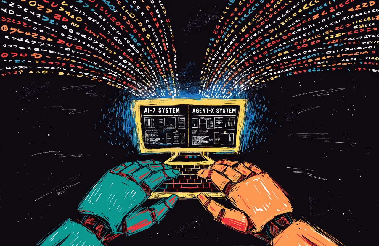 Un terminal de computer cu linii de cod și două mâini robotice care tastează simultan