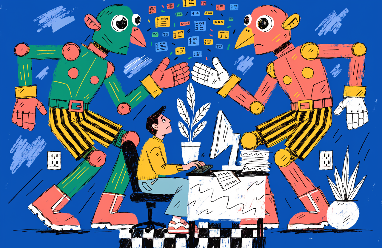 Un dezvoltator uman stă pe un scaun între doi roboți giganți care se ceartă deasupra lui