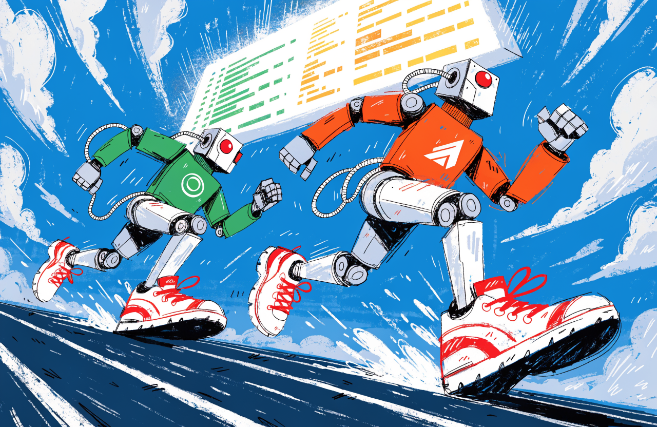 Doi roboți aleargă pe o pistă de atletism, unul purtând logo-ul OpenAI iar celălalt logo-ul Anthropic