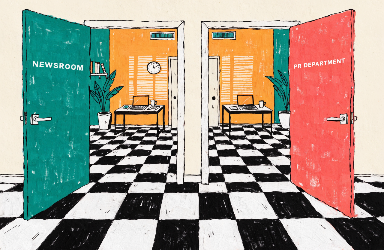 Ilustrație cu două ușioare etichetate redacție și departament PR care duc în aceeași cameră