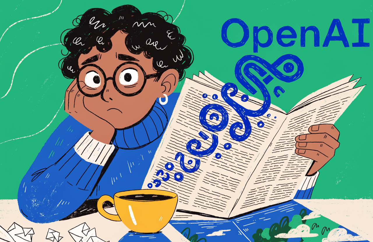 Ilustrație suprarealistă cu un om care citește un ziar al cărui text se transformă în logo-ul OpenAI