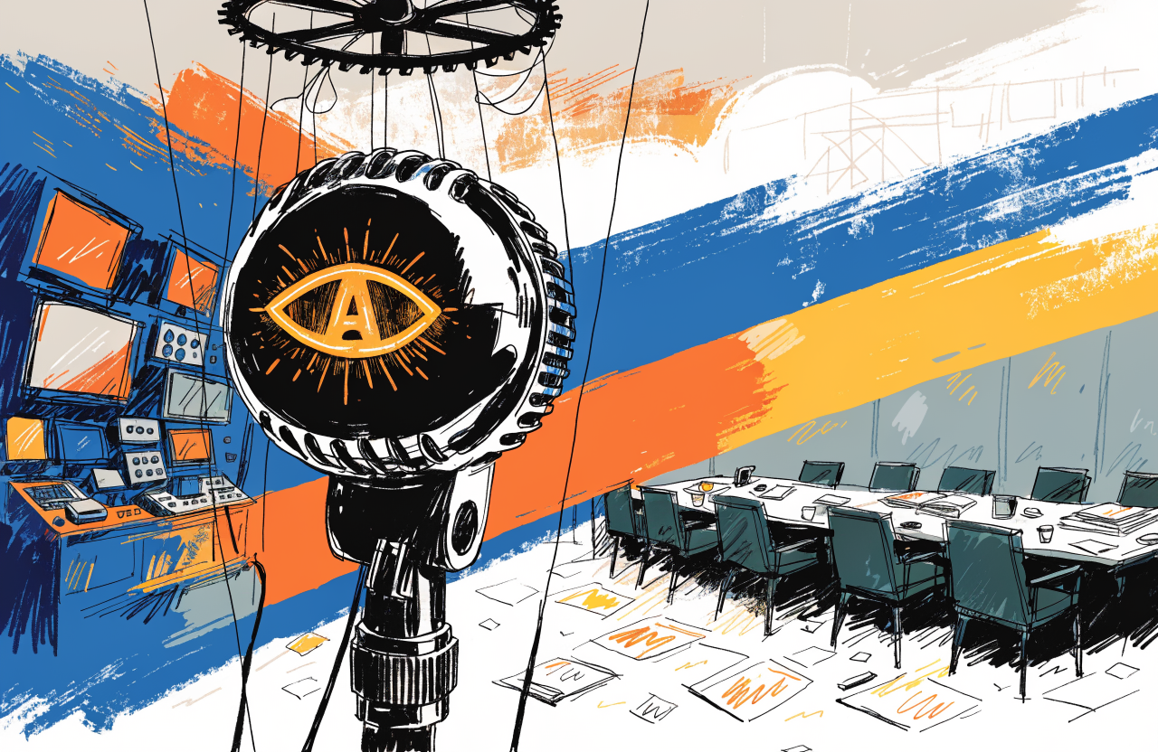 Ilustrație conceptuală cu un microfon de talk show controlat de fire de marionetă corporativă