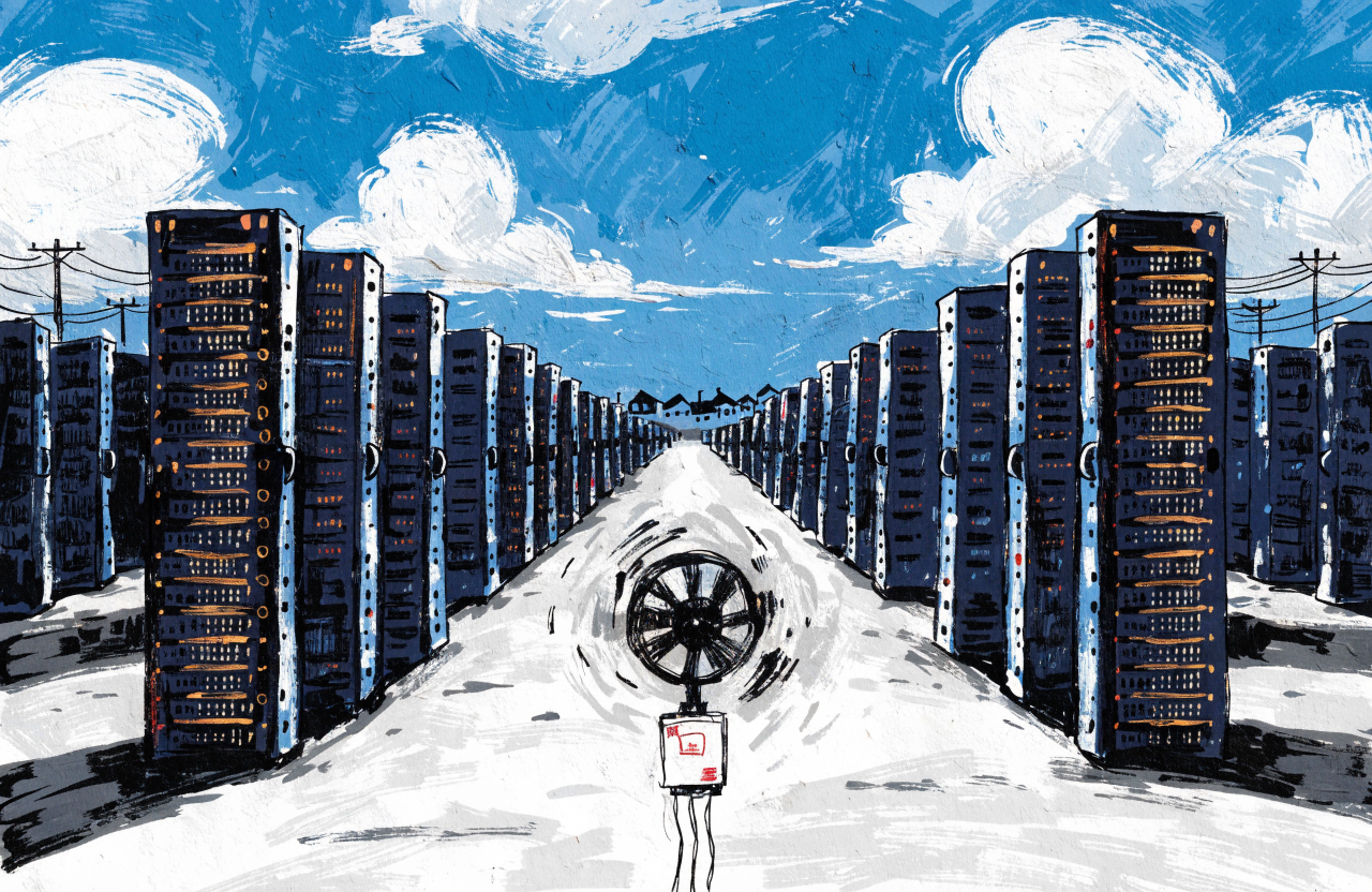 A vast landscape of identical server racks stretching to the horizon like a metallic cornfield, with tiny houses and power lines dwarfed in the background, electric meter spinning wildly in the foreground, surreal scale, eerie calm atmosphere, digital illustration, editorial magazine style, flat bold colors, graphic novel aesthetic, hand-painted texture, NOT a photograph, illustrated artwork, stylized