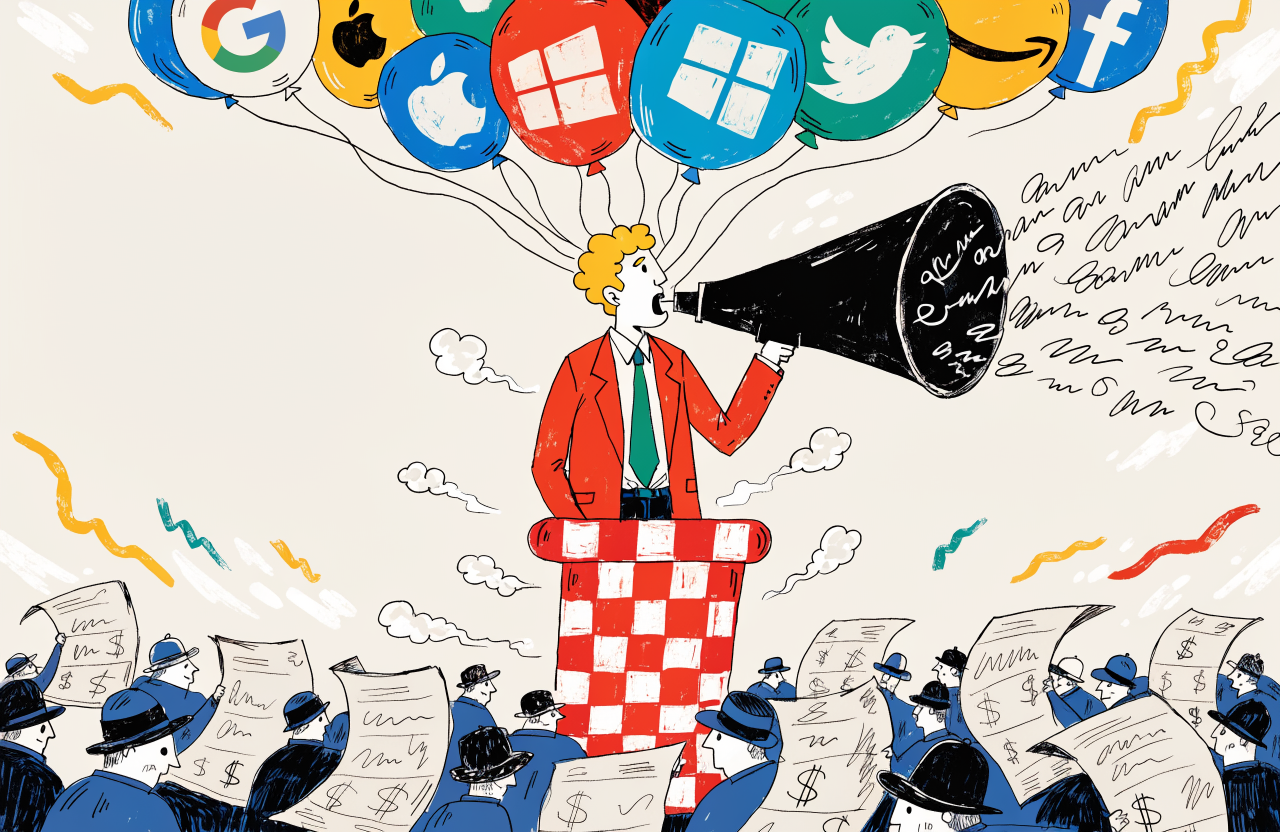 A politician at a podium with a megaphone shaped like a power plug, surrounded by floating signatures dissolving into smoke, tech company logos as balloons drifting upward, below a crowd of tiny citizens holding oversized electricity bills, satirical and surreal, digital illustration, editorial magazine style, flat bold colors, graphic novel aesthetic, hand-painted texture, NOT a photograph, illustrated artwork, stylized