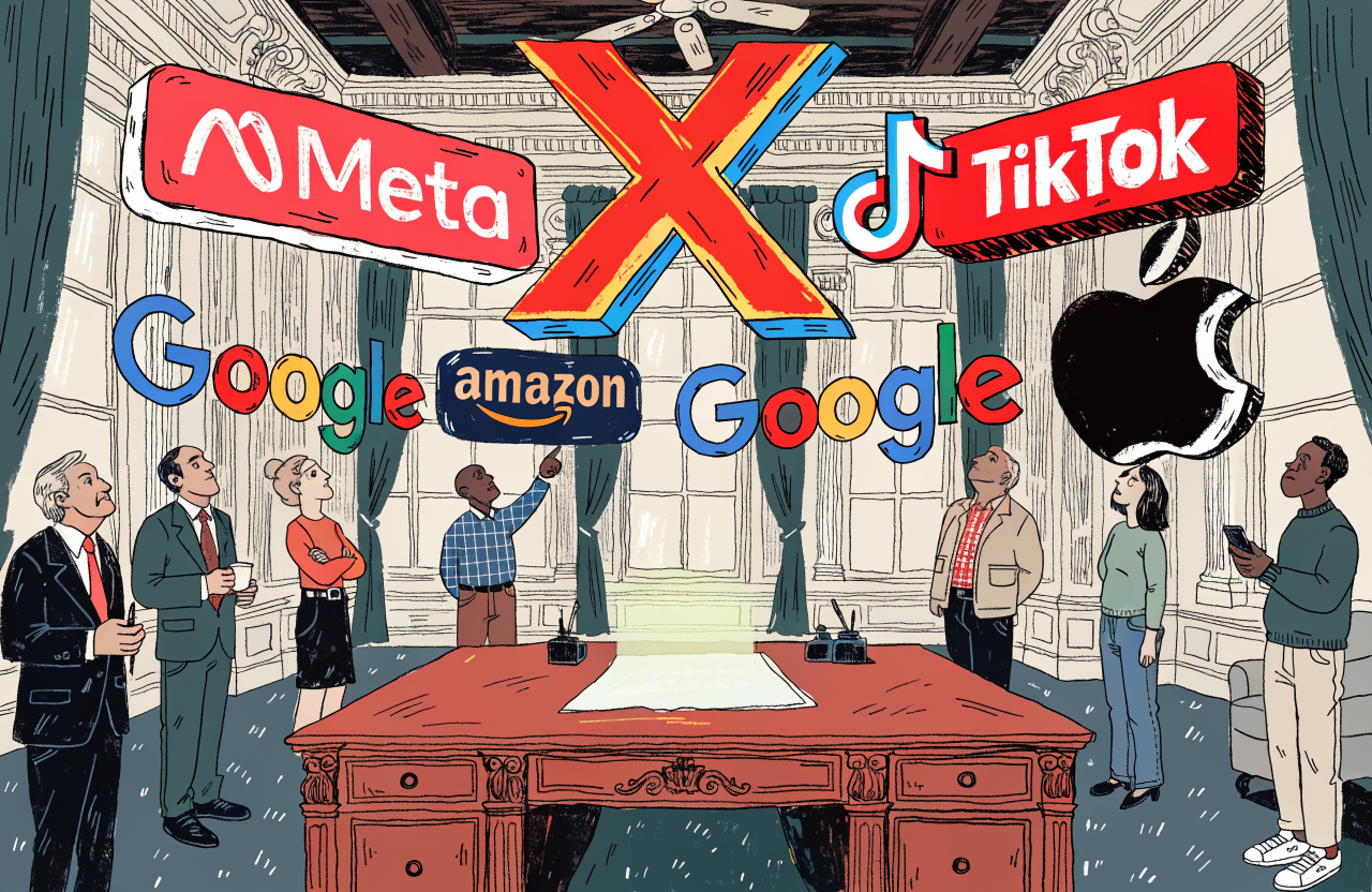 Giant tech company logos as oversized rubber stamps hovering above a blank piece of paper on an ornate White House desk, small figures of politicians and tech executives watching eagerly, the paper glowing faintly but remaining empty of consequence, surreal scale contrast, digital illustration, editorial magazine style, flat bold colors, graphic novel aesthetic, hand-painted texture, NOT a photograph, illustrated artwork, stylized