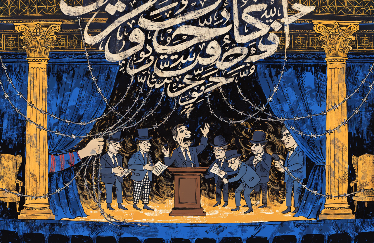 A surrealist illustration of a grand theater stage where puppet politicians perform for an empty audience, the puppeteer hidden behind a velvet curtain, strings made of barbed wire, Persian calligraphy dissolving into smoke above the stage, constructivist poster aesthetic meets Persian miniature painting, muted golds and deep blues, digital illustration, editorial magazine style, flat bold colors, graphic novel aesthetic, hand-painted texture, NOT a photograph, illustrated artwork, stylized