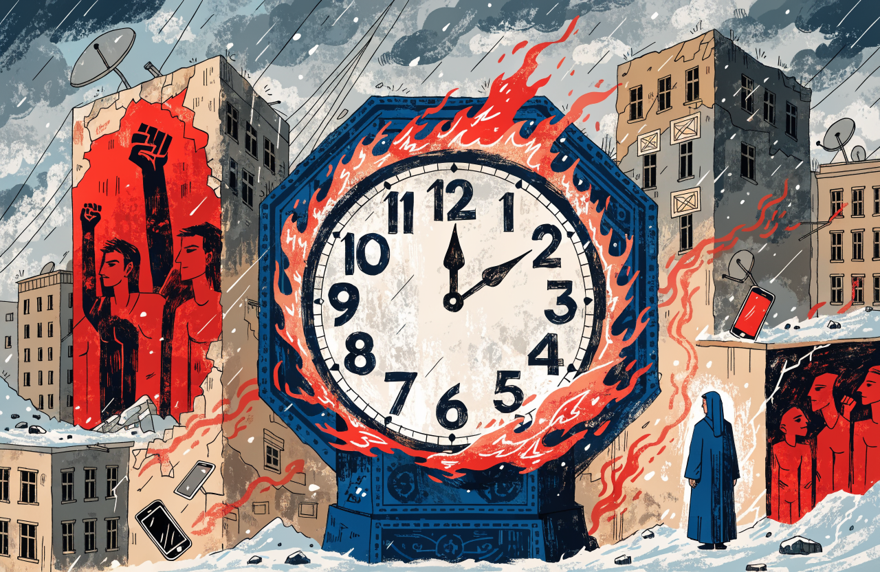 A symbolic illustration of a revolutionary clock frozen at a specific moment, surrounded by a modern Iranian cityscape with satellite dishes and smartphones contrasting with crumbling revolutionary murals, a lone figure in clerical robes facing away from the city toward a painted wall, Persian miniature aesthetic blended with Soviet constructivist propaganda style, muted ochres and revolutionary reds bleeding into contemporary grays, digital illustration, editorial magazine style, flat bold colors, graphic novel aesthetic, hand-painted texture, NOT a photograph, illustrated artwork, stylized