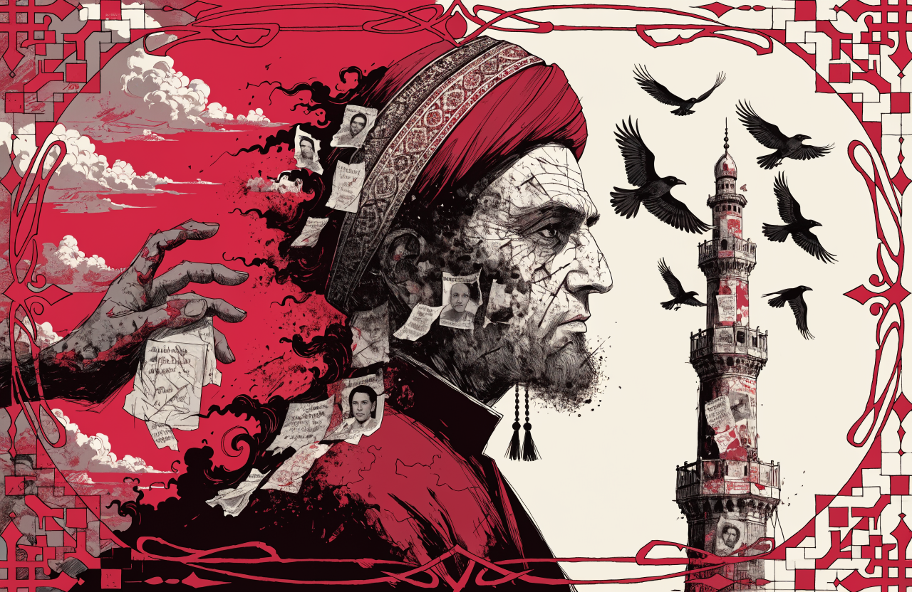 A surrealist portrait of an aging ayatollah figure dissolving into black smoke and crumbling revolutionary posters, a ghostly hand reaching from the past clutching faded slogans, ravens circling a crumbling minaret at dusk, deep crimson and charcoal palette, Art Nouveau border elements merging with Persian geometric patterns, digital illustration, editorial magazine style, flat bold colors, graphic novel aesthetic, hand-painted texture, NOT a photograph, illustrated artwork, stylized