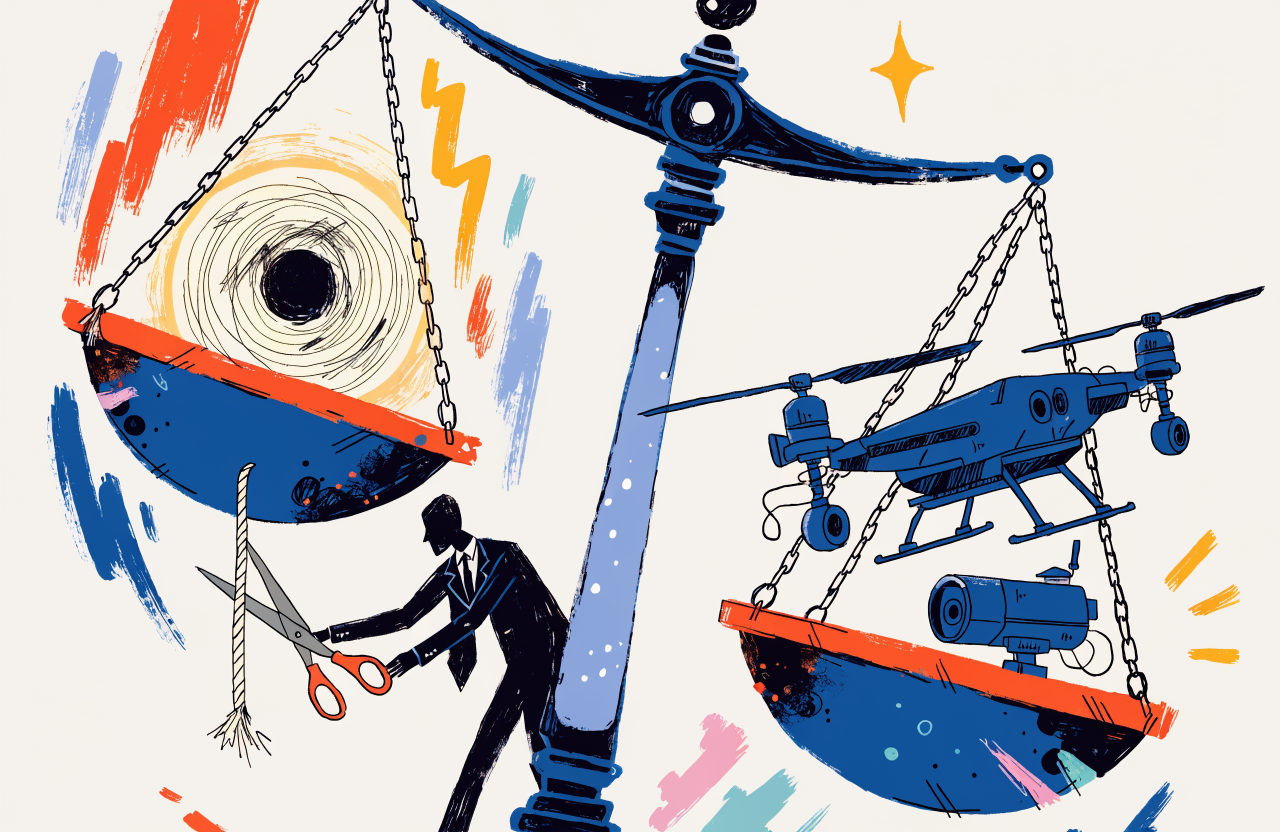 A scale of justice where one side holds a glowing AI model and the other side holds a military drone and surveillance camera, the scale tipping dramatically toward the military side while a shadowy figure in a suit cuts the rope holding the AI side, editorial surrealist illustration, digital illustration, editorial magazine style, flat bold colors, graphic novel aesthetic, hand-painted texture, NOT a photograph, illustrated artwork, stylized