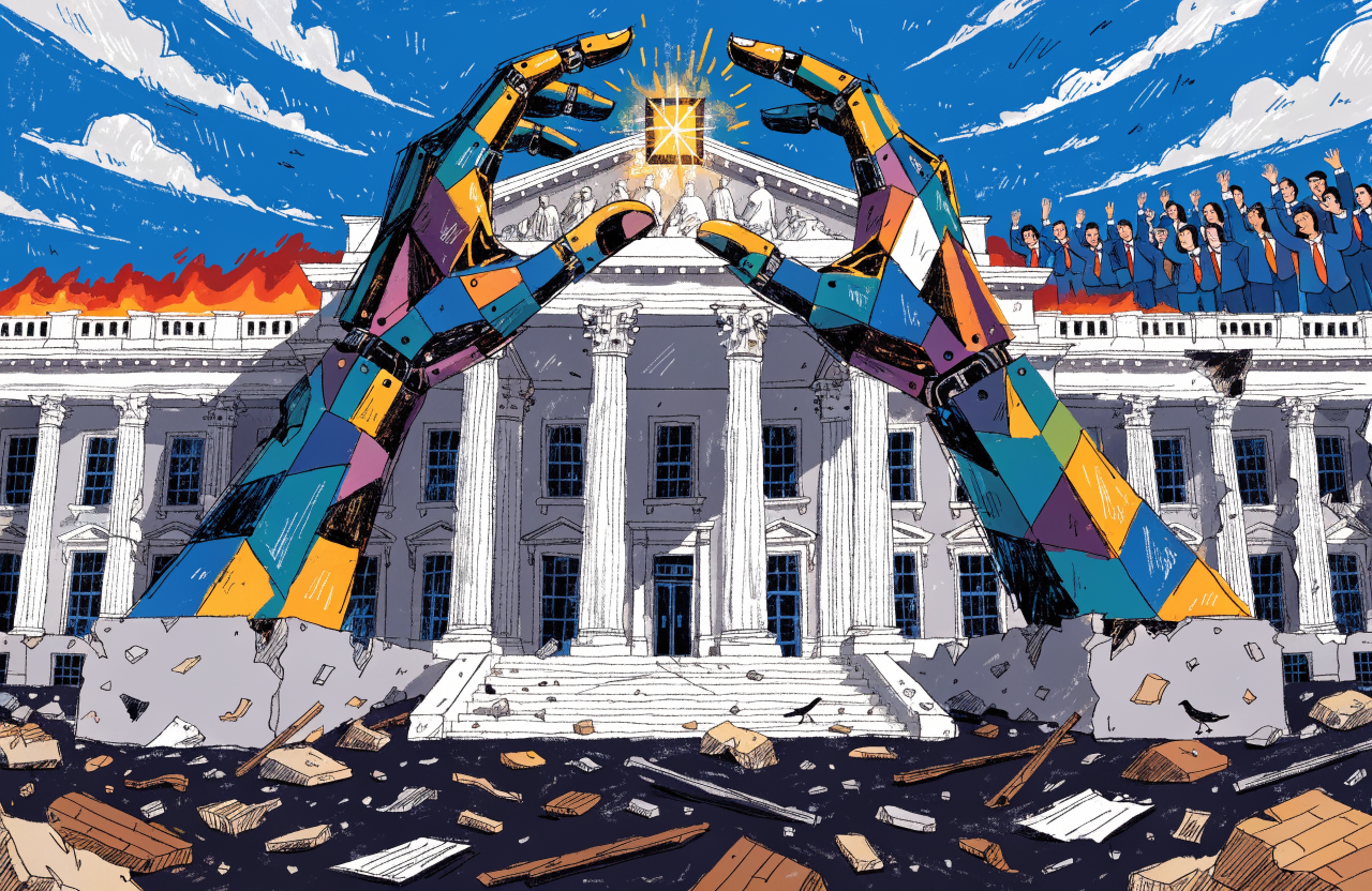 A crumbling neoclassical government building with giant robotic hands reaching through the broken columns, holding a small glowing AI chip, while suited figures in the background applaud the destruction, surrealist editorial illustration, digital illustration, editorial magazine style, flat bold colors, graphic novel aesthetic, hand-painted texture, NOT a photograph, illustrated artwork, stylized