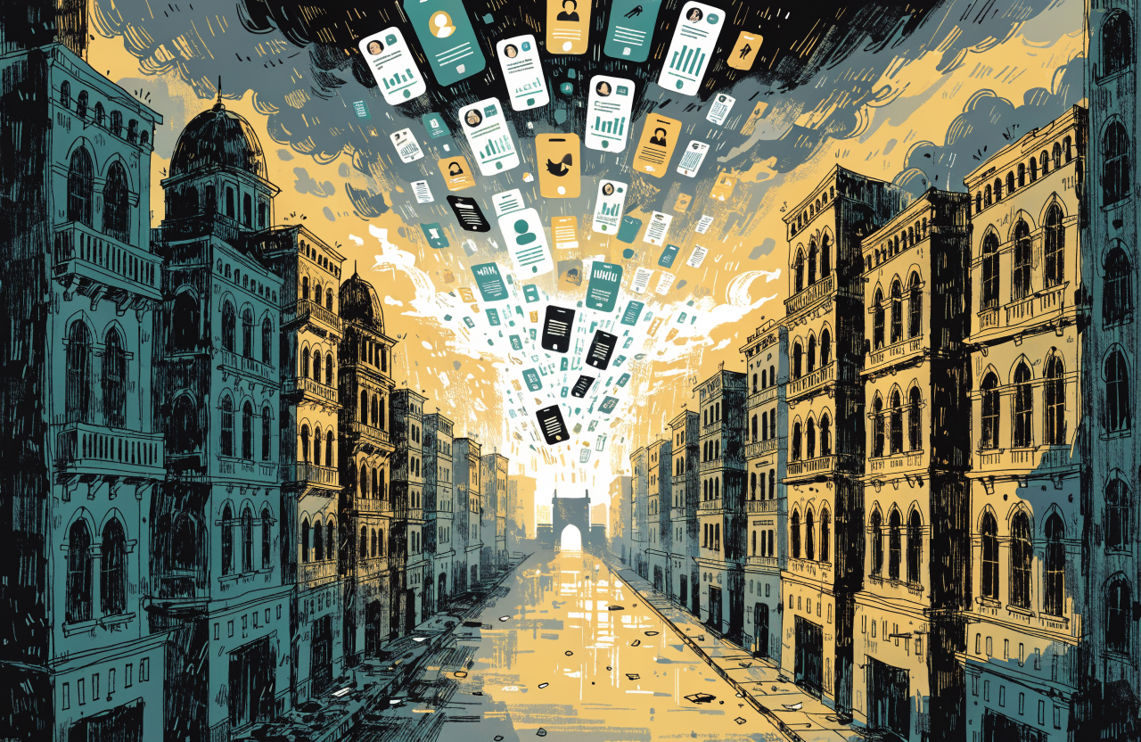 A military propaganda leaflet dissolving into smartphone push notifications, falling like rain over a stylized Iranian cityscape at dawn, green and gold color palette with deep shadows, surrealist editorial style, digital illustration, editorial magazine style, flat bold colors, graphic novel aesthetic, hand-painted texture, NOT a photograph, illustrated artwork, stylized