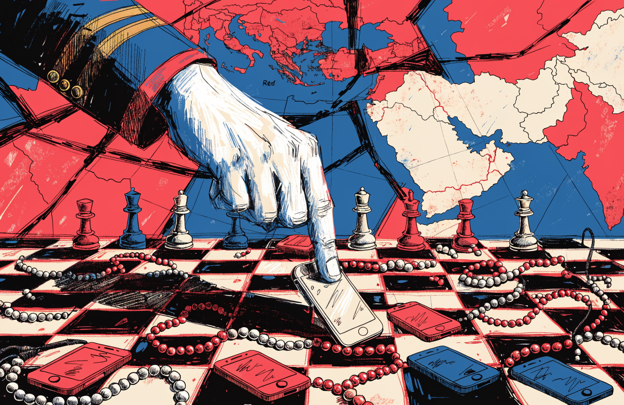 A chess board where the pieces are smartphones and prayer beads, with a giant hand in military uniform moving them across a fractured map of the Middle East, dramatic chiaroscuro lighting, surrealist composition, digital illustration, editorial magazine style, flat bold colors, graphic novel aesthetic, hand-painted texture, NOT a photograph, illustrated artwork, stylized