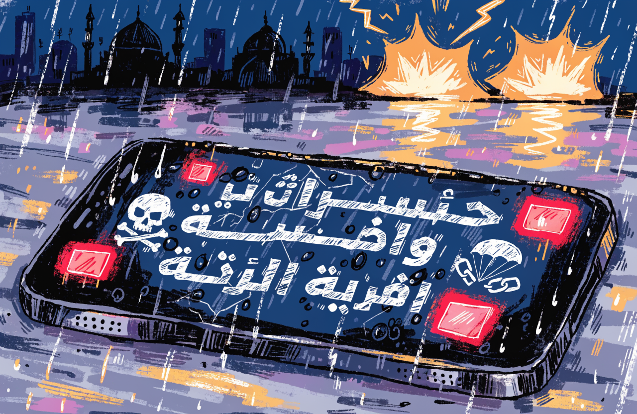 A cracked smartphone screen displaying Arabic prayer text morphing into military surrender symbols, explosions reflected in the glass, notification badges glowing red against a dark Tehran skyline, surrealist composition, digital illustration, editorial magazine style, flat bold colors, graphic novel aesthetic, hand-painted texture, NOT a photograph, illustrated artwork, stylized