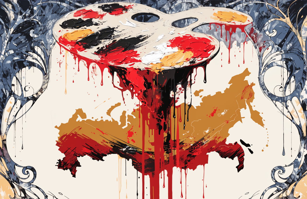 A conceptual editorial illustration showing a painter's palette with blood-red paint dripping, transforming into a map of Russia and Ukraine, the brushstrokes becoming borders and then wounds, Art Nouveau decorative frame dissolving at the edges, Symbolist style with deep ochre and crimson tones, digital illustration, editorial magazine style, flat bold colors, graphic novel aesthetic, hand-painted texture, NOT a photograph, illustrated artwork, stylized