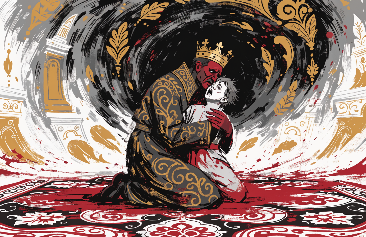 A dramatic surrealist illustration of a tsar figure cradling a dying son, blood spreading across an ornate Russian carpet, the father's eyes wide with horror and guilt, Byzantine golden patterns dissolving into darkness, inspired by Repin's realist painting but rendered in expressionist style with deep crimson and shadow, digital illustration, editorial magazine style, flat bold colors, graphic novel aesthetic, hand-painted texture, NOT a photograph, illustrated artwork, stylized