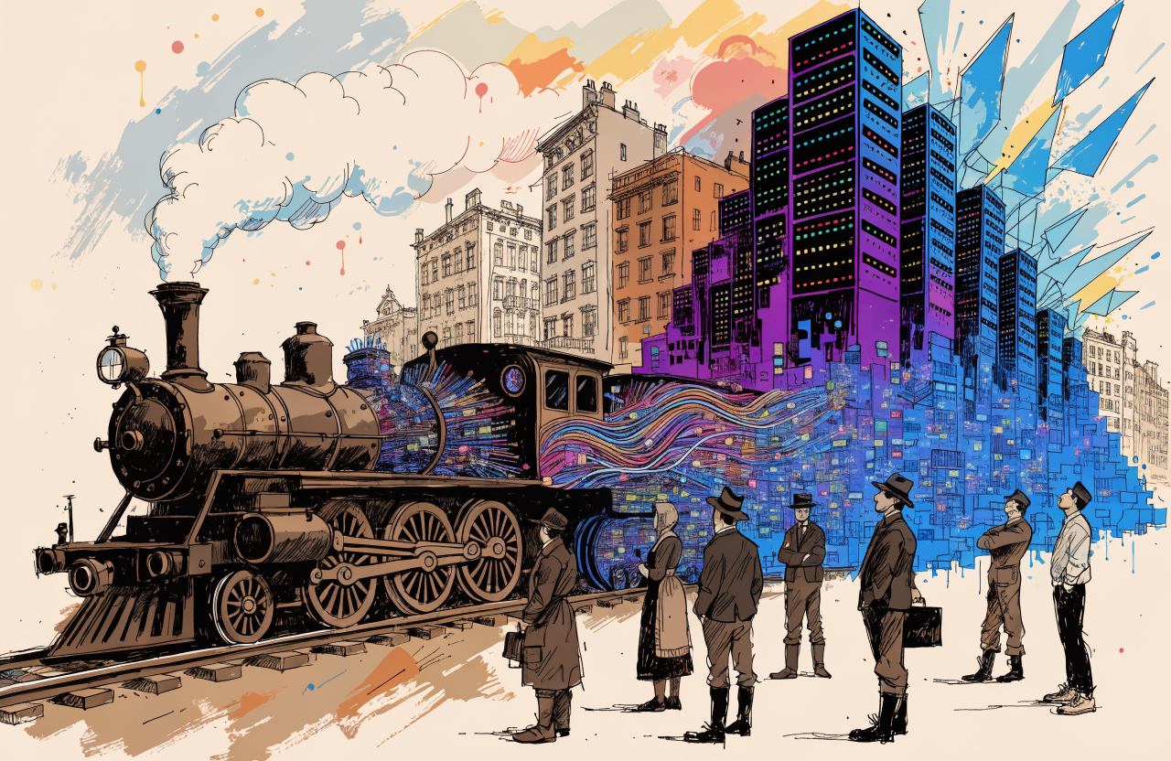 Ilustrație cu un tren de epocă victoriană care se transformă în cabluri de fibră optică și apoi în servere de date