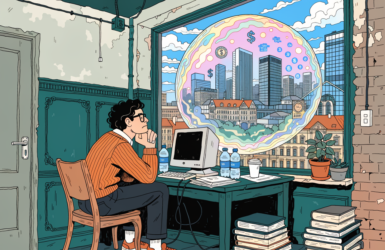 Ilustrație cu un programator român la birou privind prin fereastră un balon uriaș care plutește deasupra unui peisaj urban