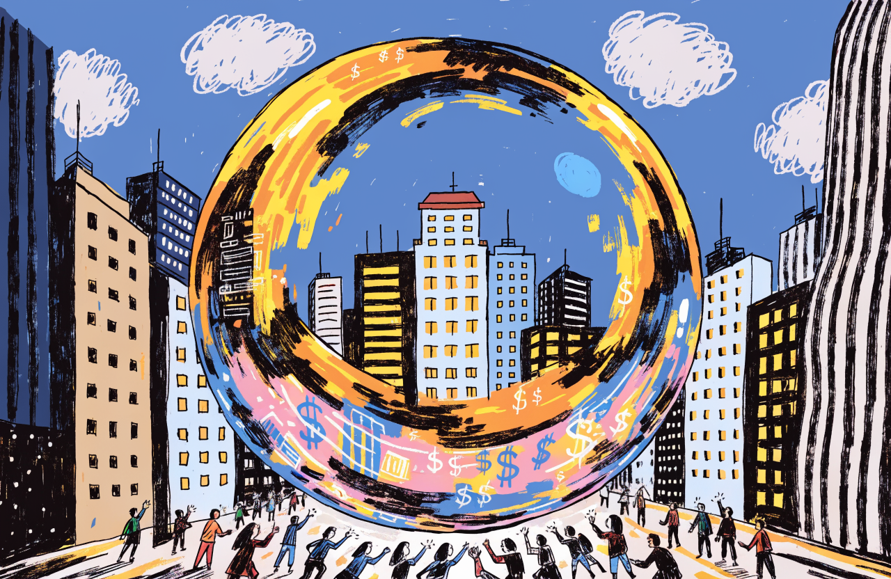 Ilustrație conceptuală cu un balon uriaș de săpun care reflectă clădiri tech și circuite, plutind deasupra unui oraș