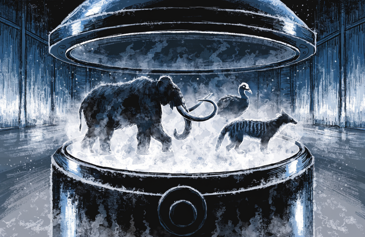 Ilustrație cu un congelator criogenic din care ies siluete spectrale de animale dispărute