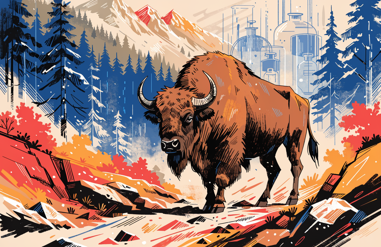 Ilustrație cu un zimbru european mergând printr-un peisaj montan stilizat, cu siluete de laboratoare în fundal