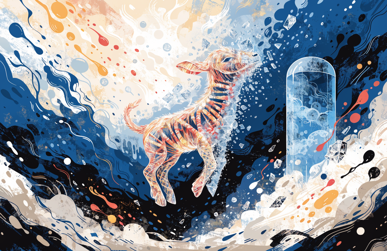 Ilustrație conceptuală cu un ied translucid format din fragmente de ADN, plutind între lumină și întuneric