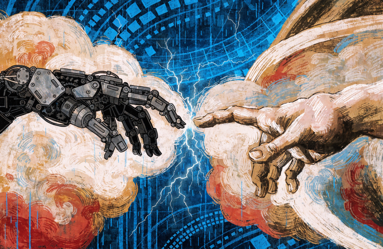 Ilustrație cu o mână umană și una robotică atingându-se, în stilul Creării lui Adam de Michelangelo