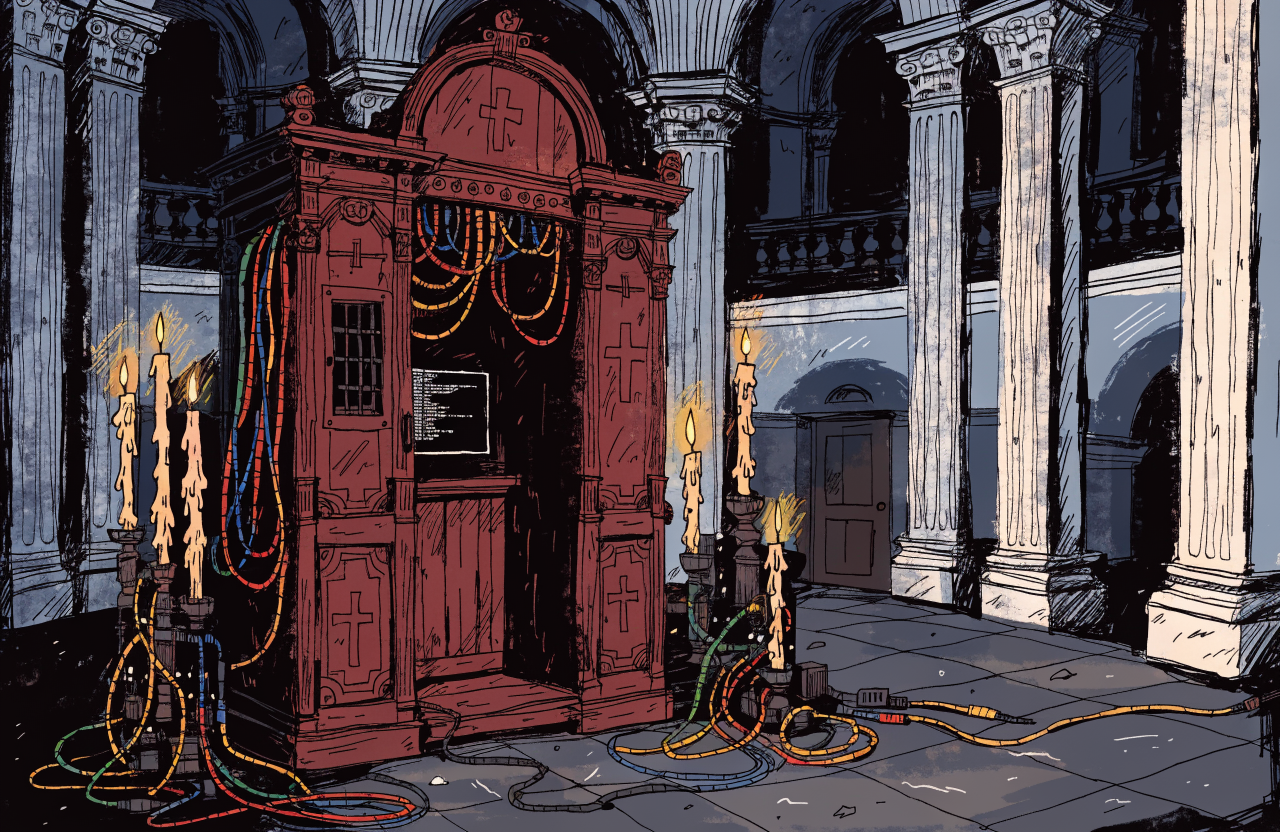 Ilustrație cu un confesional de biserică transformat în cabină de server, cu lumânări și cabluri de rețea