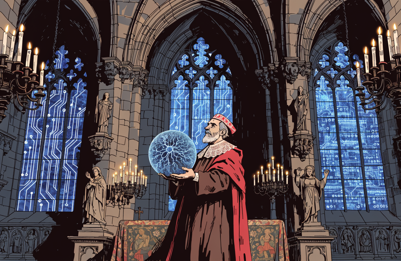 Ilustrație conceptuală cu o catedrală gotică din ale cărei vitralii emană lumină digitală de circuit
