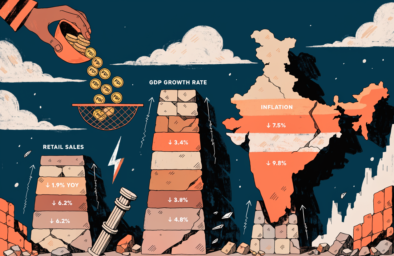 A bar chart made of crumbling ancient temple pillars, each pillar labeled with economic statistics that are visibly shrinking, while a giant hand pours golden coins labeled FDI into a sieve shaped like India's map, constructivist poster style with muted earth tones and sharp geometric shadows, digital illustration, editorial magazine style, flat bold colors, graphic novel aesthetic, hand-painted texture, NOT a photograph, illustrated artwork, stylized