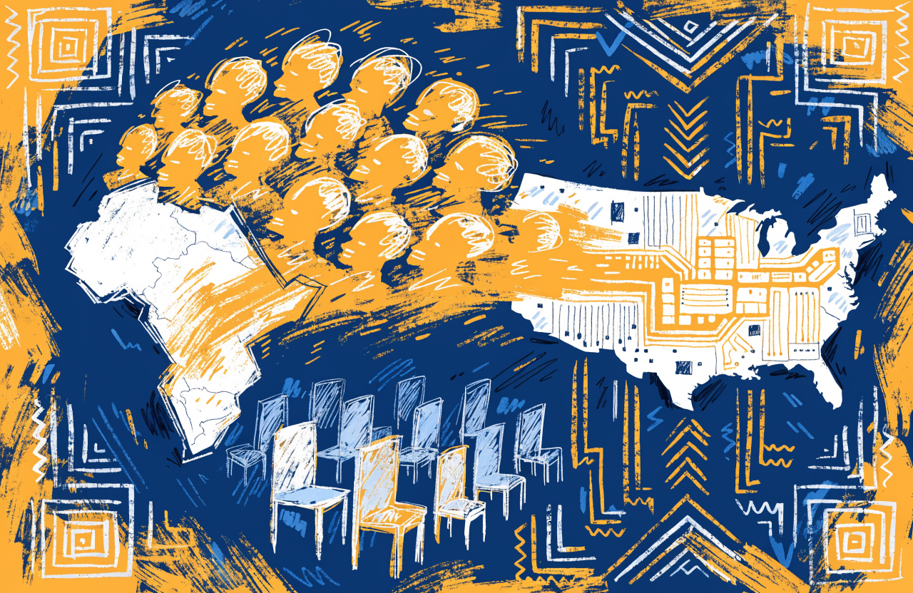 A brain drain visualization showing human silhouettes made of golden light flowing from a subcontinent map into a silicon chip shaped like the United States, while empty chairs remain behind, Art Deco geometric patterns frame the scene, deep blue and amber color palette, digital illustration, editorial magazine style, flat bold colors, graphic novel aesthetic, hand-painted texture, NOT a photograph, illustrated artwork, stylized