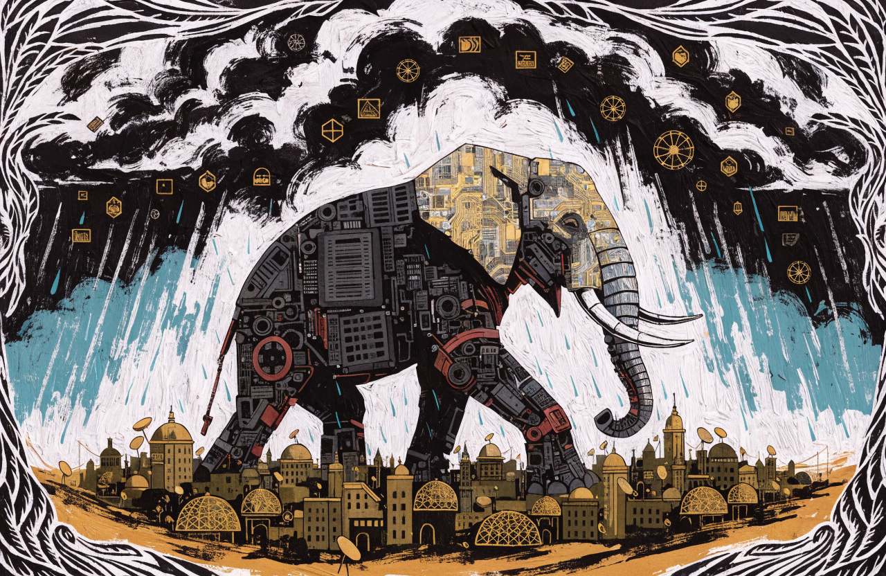 A giant mechanical elephant made of circuit boards and server racks, walking through a city of golden domes and satellite dishes, while tiny Silicon Valley logos rain down from a stormy sky above, Art Nouveau decorative borders, surrealist composition, digital illustration, editorial magazine style, flat bold colors, graphic novel aesthetic, hand-painted texture, NOT a photograph, illustrated artwork, stylized