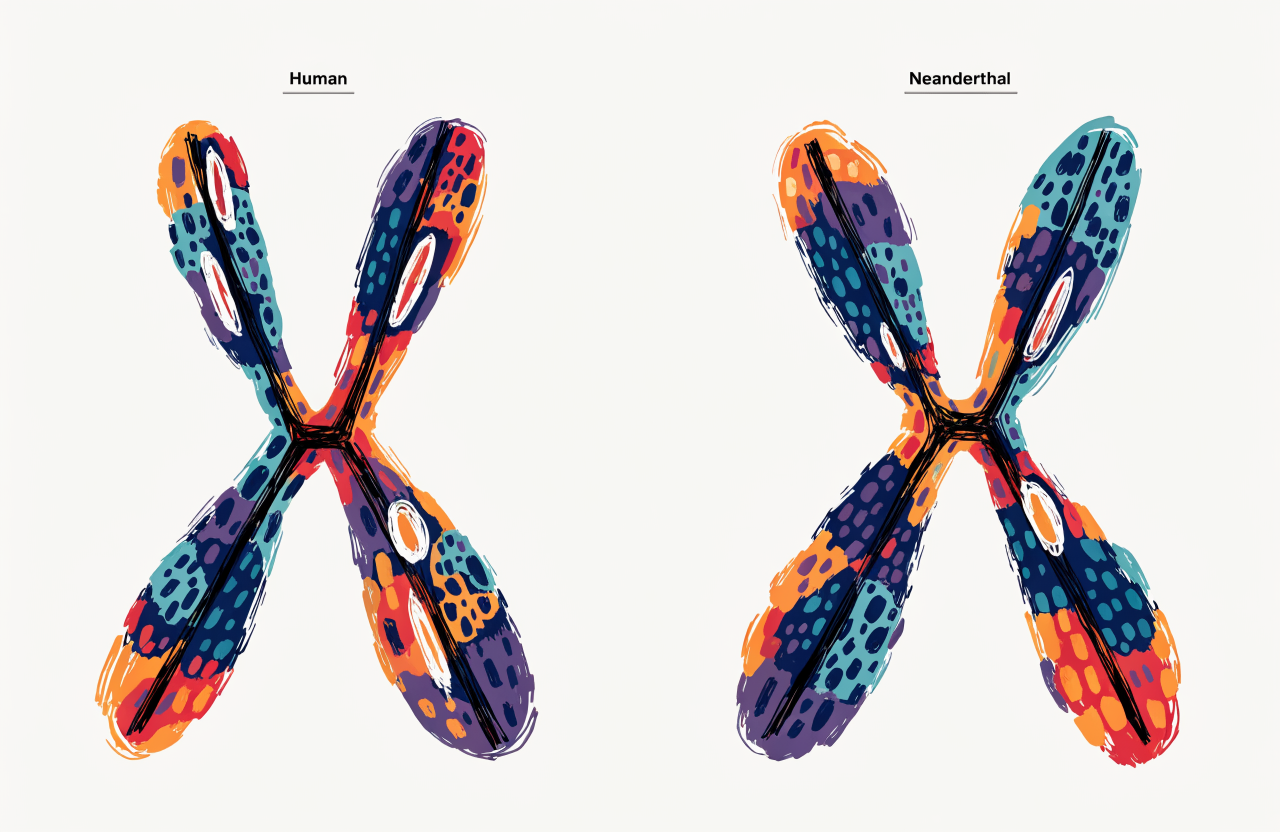 A conceptual scientific illustration showing two X chromosomes side by side, one human and one Neanderthal, with glowing desert regions and oasis regions highlighted in contrasting warm and cool tones, abstract genomic map aesthetic, digital illustration, editorial magazine style, flat bold colors, graphic novel aesthetic, hand-painted texture, NOT a photograph, illustrated artwork, stylized